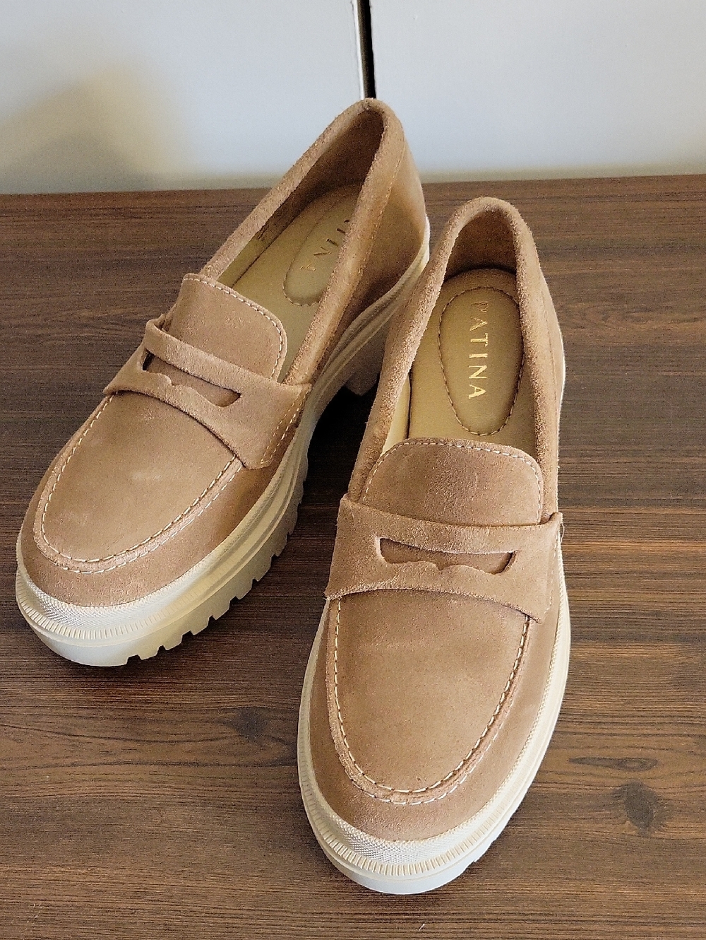Patina Suede Penny Loafers in Taupe